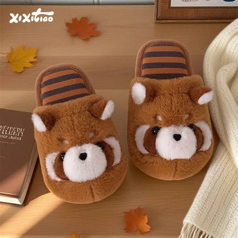 

Indoor Floor Anti Slip Home Slippers Warm Cute Furry Slippers Soft Adorable Raccoon Couples Cotton Slippers For Men Women Winter