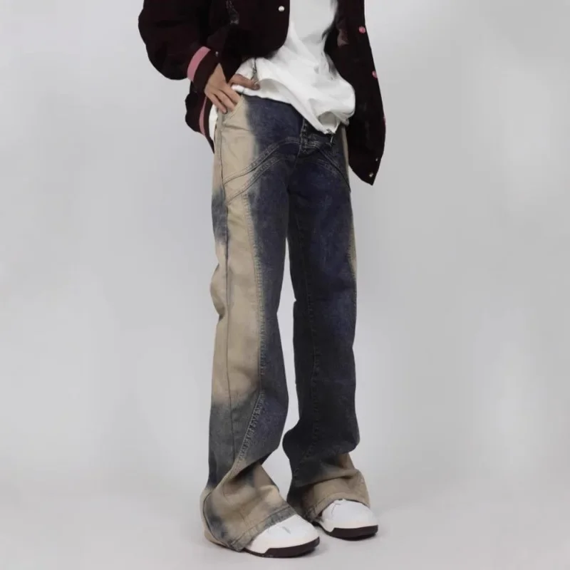 American New Fashion Vintage Men's Casual Trendy Loose Wide Leg Washed Blue Spliced Gradient Color Denim Trousers Male Jeans