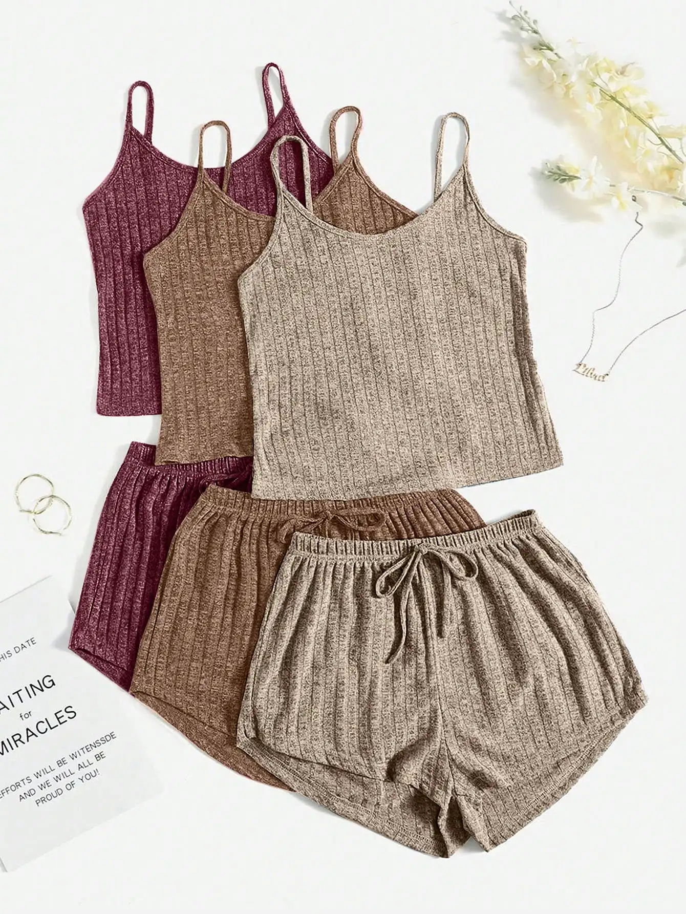 

3pcs Solid Color Ribbed Knit Camisole Top And Tie Waist Shorts Pajama Set