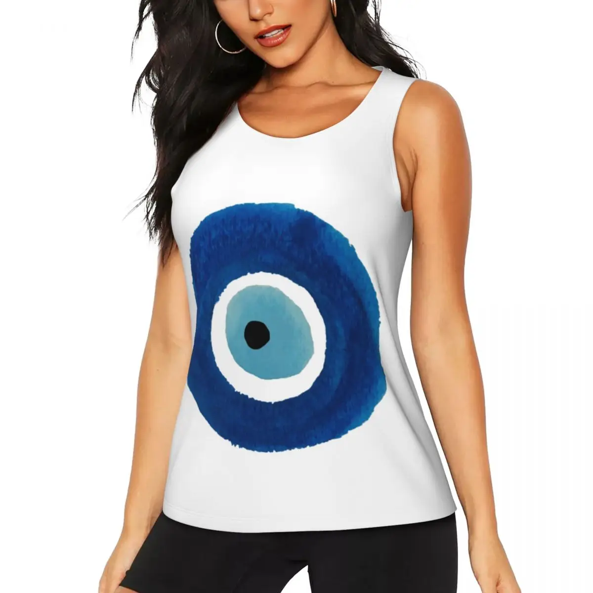 Custom Watercolor Evil Eye Nazar Painting Workout Tank Tops Women Hamsa Lucky Charm Cool-Dry Sleeveless Yoga Shirts