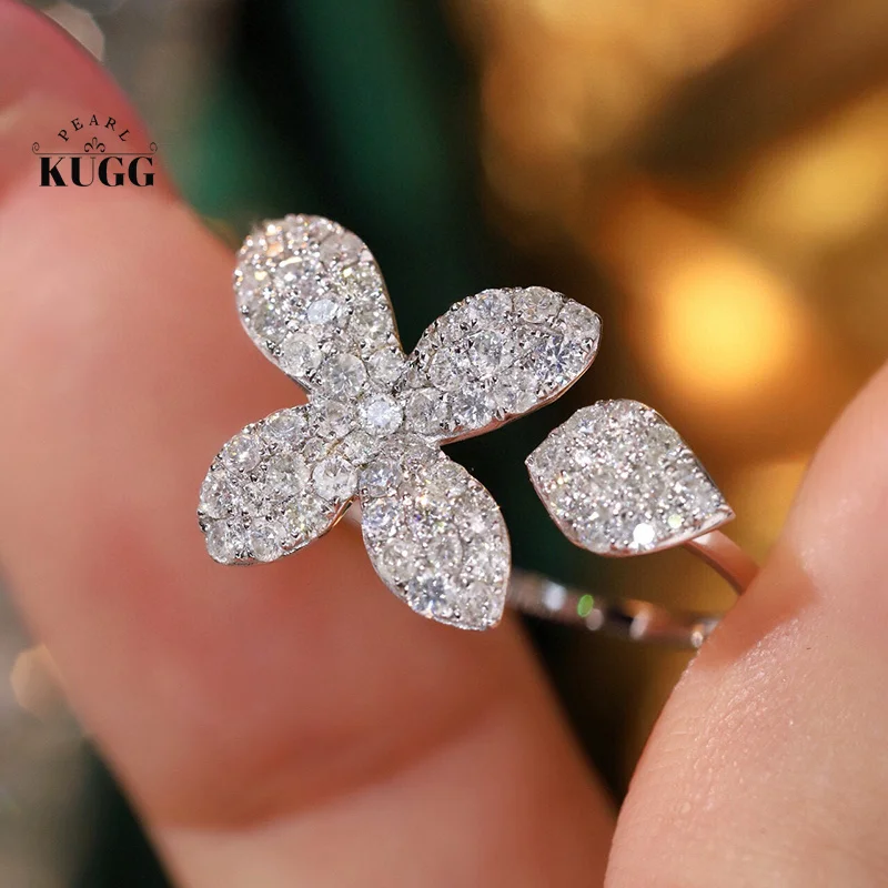 KUGG 100% 18K White Gold Rings Luxury Clover Design 1.0carat Real Natural Diamond Engagement Ring for Women High Wedding Jewelry