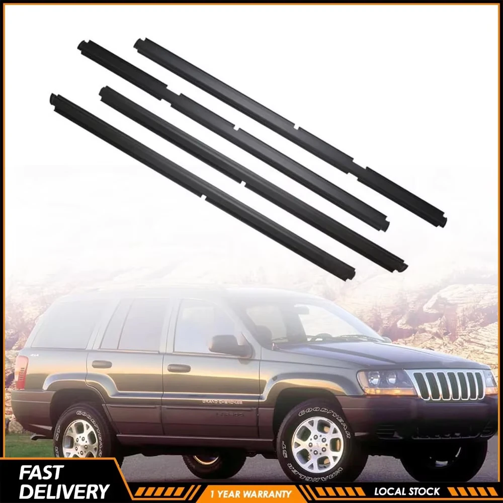4 SZT. Nowe, wysokiej jakości uszczelki okienne zewnętrzne przednich i tylnych drzwi, listwy ozdobne, zestaw uszczelniający do Jeep Grand Cherokee 1999-2004 II WJ WG 4-drzwiowy, zewnętrzne uszczelki