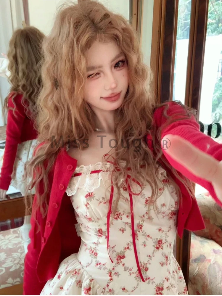 Sweet Cottagecore New Two Piece Set Women New Red Knitted Cardigan +Cute Mini Dress Female Floral Print Casual Floral Dress Suit