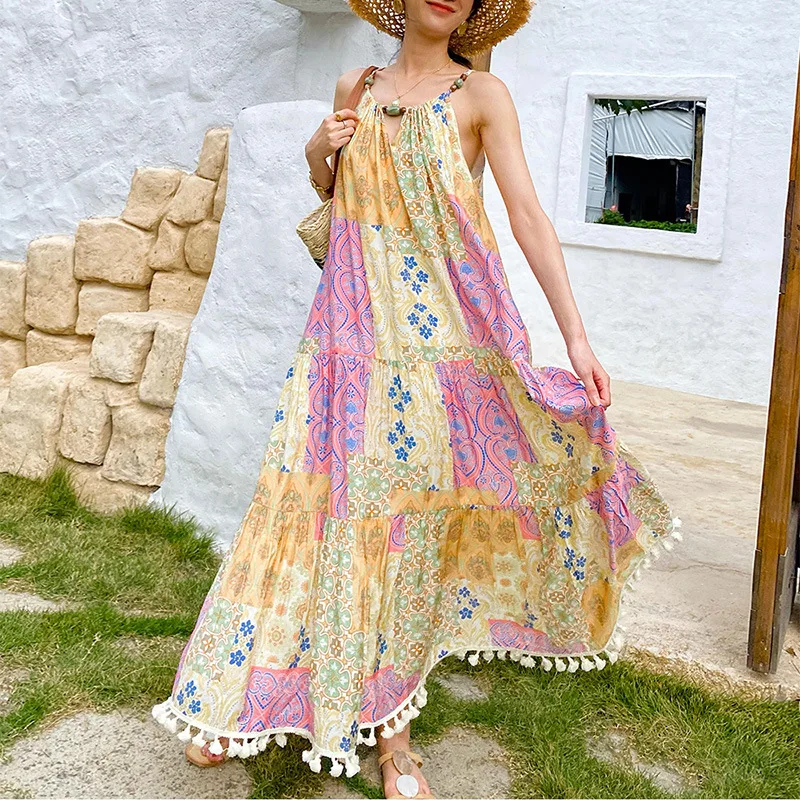 vintage boho floral printed maxi dress Summer Women Spaghetti Strap Beach Vacation Bohemian ladies Dresses