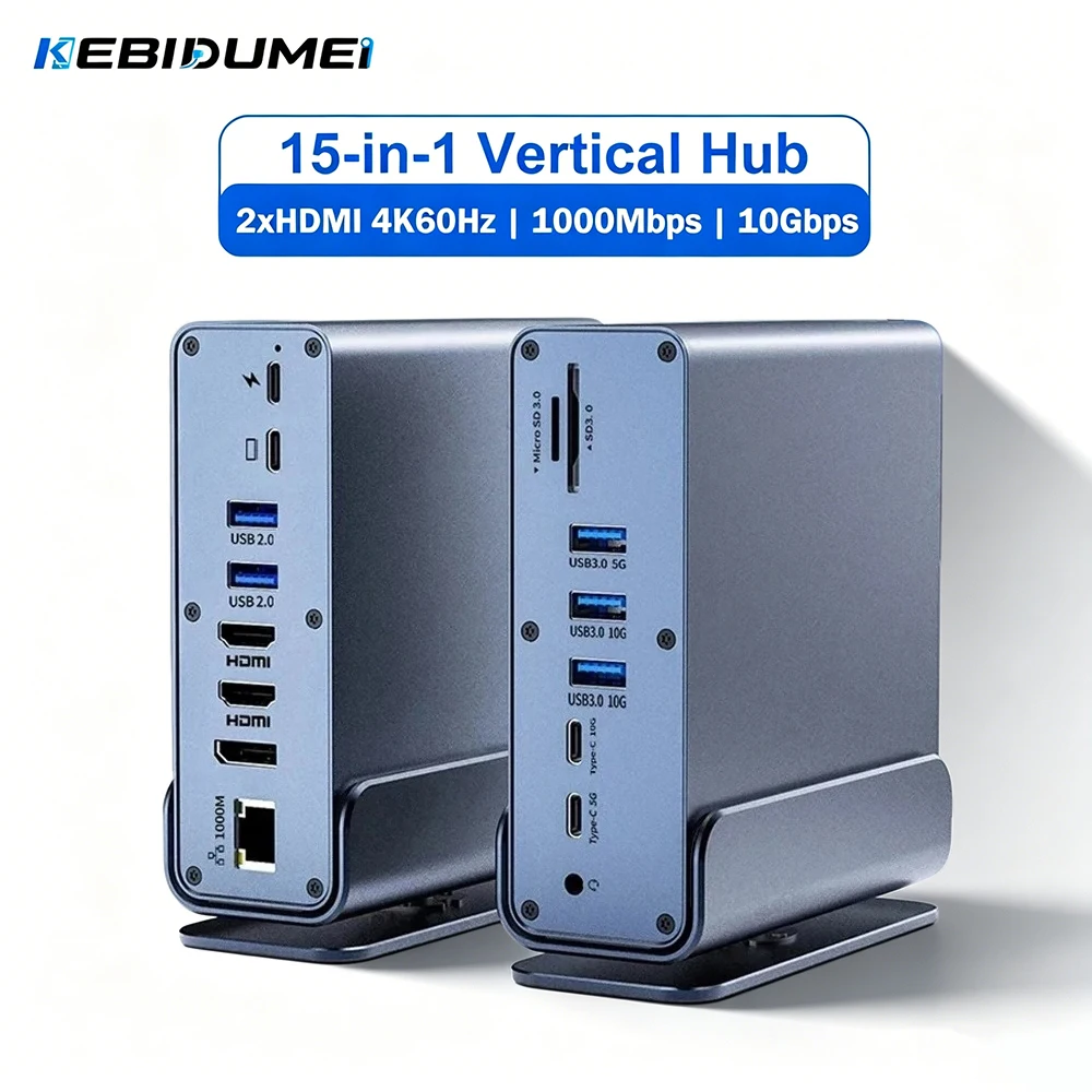 KEBIDUMEI Vertical Docking Stations 15Ports Type C to 2*HDMI&DP 4K60Hz Gigabit Ethernet Adapter USB3.2 10Gbps for Laptop Macbook