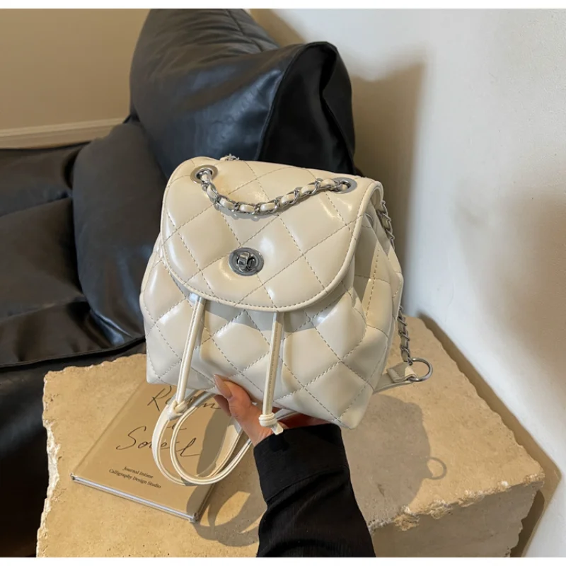 Korean Girl Casual Handbag Women's Lingge Shoulder Bag Fashion Chain Backpack Comfortable Shoulder Strap Sewing Process PU Mater