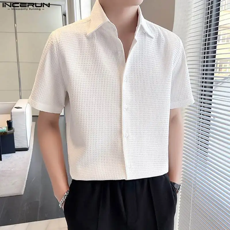 

INCERUN Men Shirt Solid Color Lapel Short Sleeve Button Korean Style Men Clothing Streetwear Summer 2024 Casual Shirts S-5XL