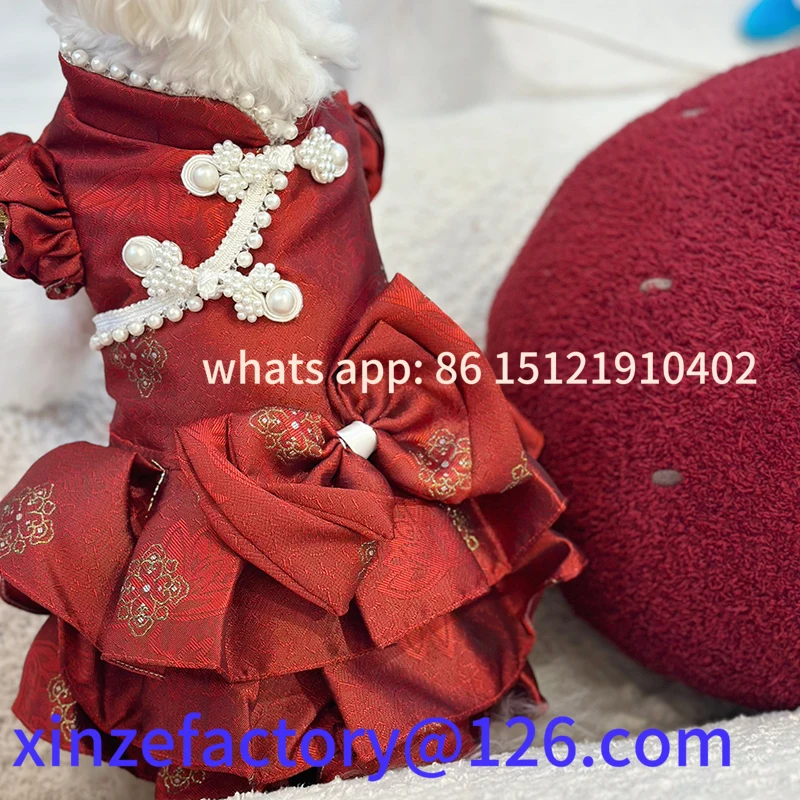 Customizable burgundy pet cheongsam teddy bear pony festive clothes small dog wedding New Year's clothing