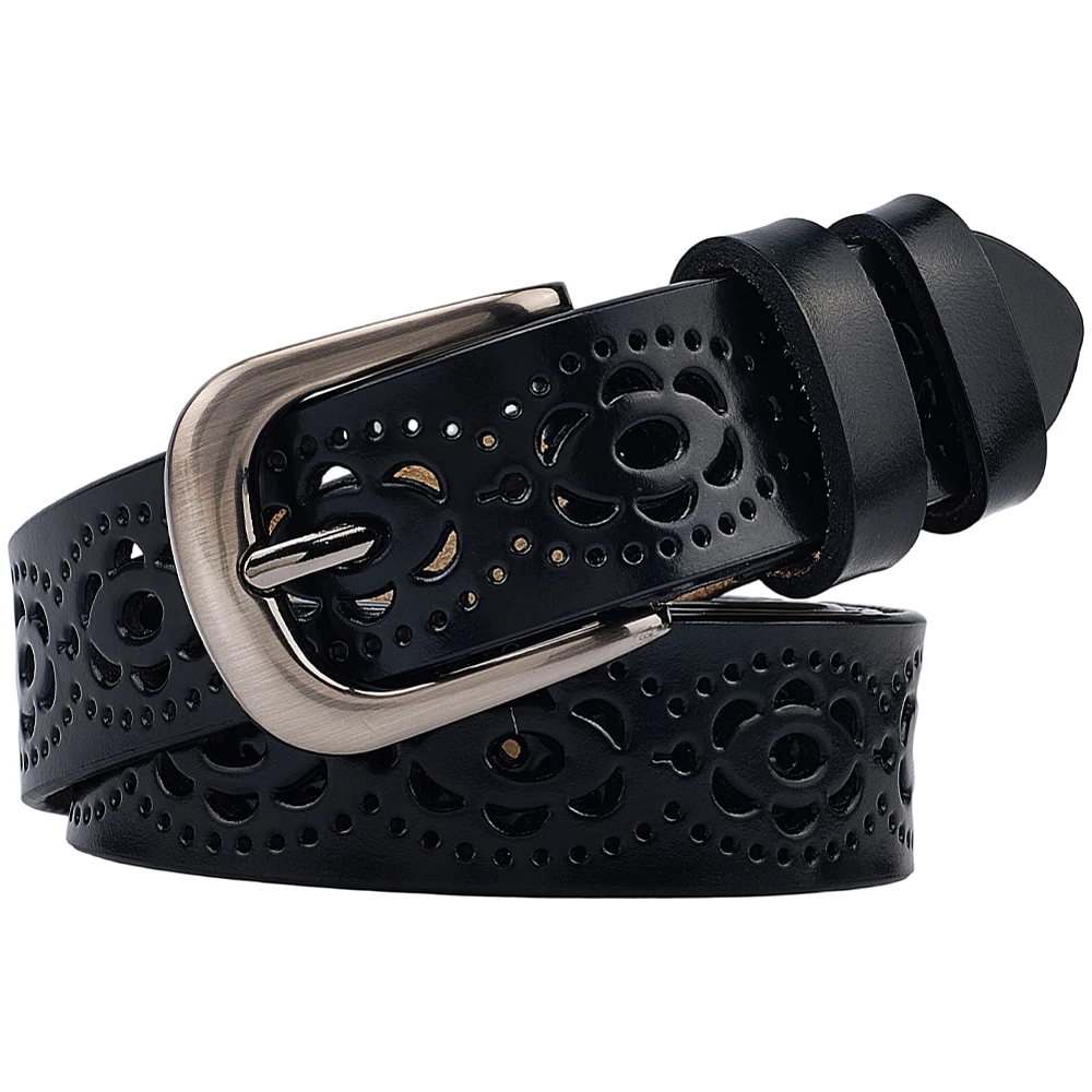 Hollow Flower Genuine Leather Belt Adjustable Buckle Western Black Cowhide Waistband Retro Vintage Fashion Leather Ladies Waist