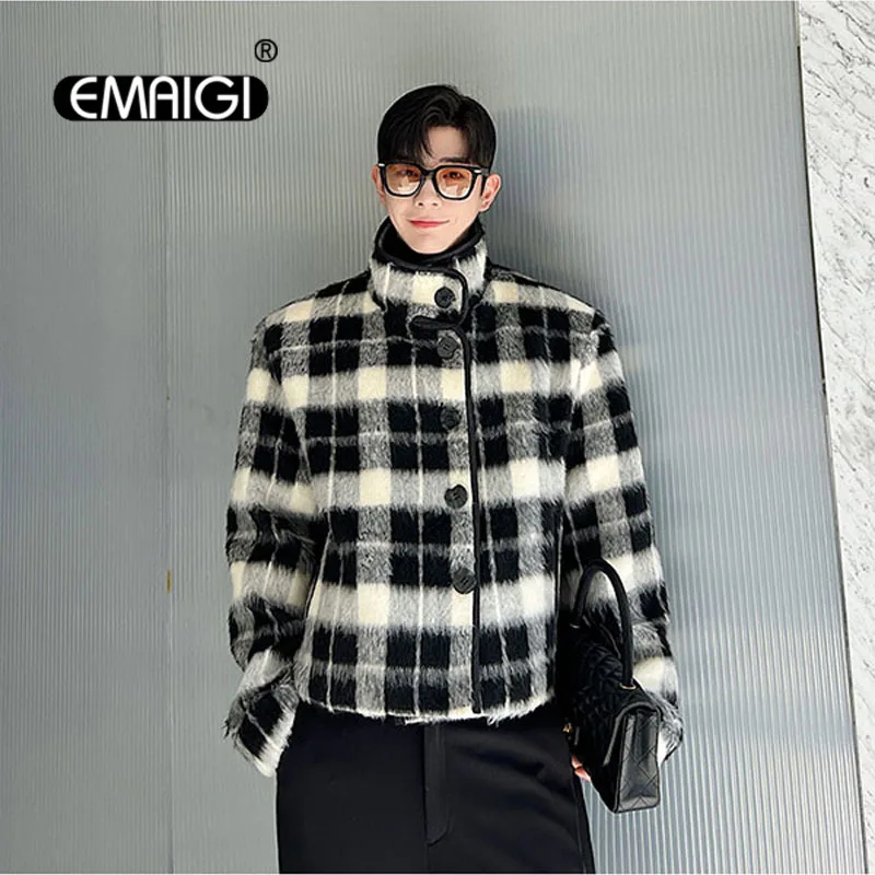 

Men Black White Plaid Woolen Vintage Fashion Loose Casual Coat Male Stand Collar Edging Korean Streetwear Wool Short Jacket