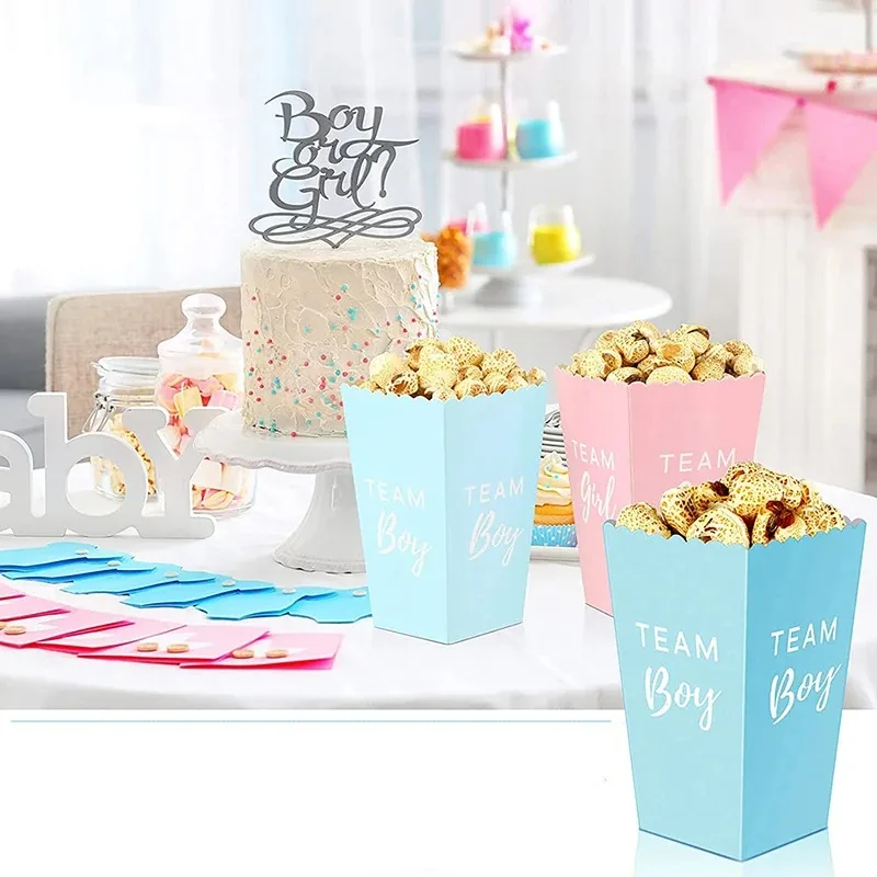 10Pcs Gender Reveal Party Popcorn Box Team Boy Team Girl Decorations Baby Gender Reveal Supplies Candy Gift Box Baby Shower