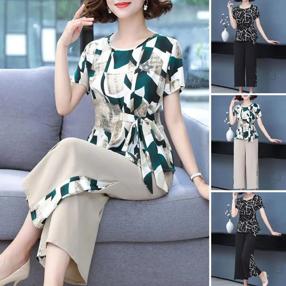 Women Two-piece Suit Floral Print Women\'s Top Pants Set with Lace-up Detail Plus Size Mid-aged Female Suit with Wide Leg