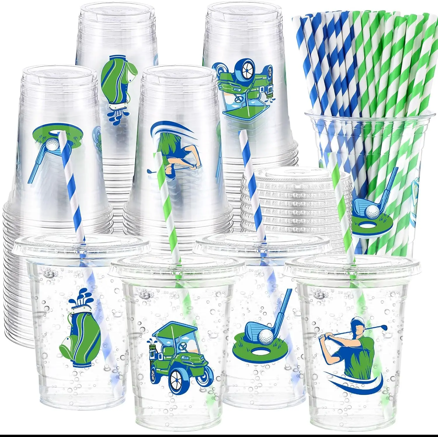 

150 Pcs Golf Themed Cups Set 50 Pcs 16 oz Let's Par-tee Clear Disposable Cups with 50 Lids and 50 Paper Straws Sports Ba