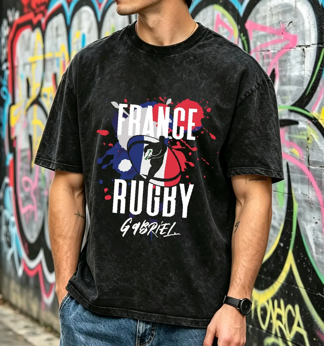 washed T Shirt Personalised France Rugby Kids Supporters 6 Nations Union Boy Girls long or short sleeves vintage Washed