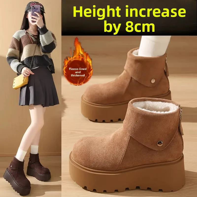 

Women's Thi Bot Snow Boots Winter Warm ort Boot High Heel Waterproof Rubber Outsole Korean Sle round Toe Fur Lined