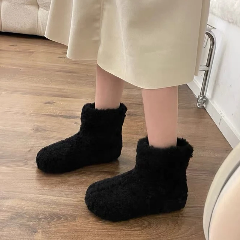 Soft Lambwool Boots Woman Korea Style Winter Thick Teddy Fur Ankle Booties Ladies Slip-on Warm Fluffy Flat Outdoor Cotton Shoes