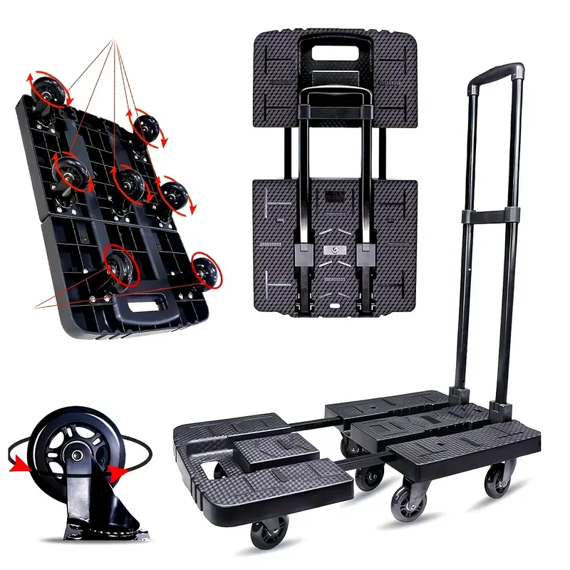 SELORSS Heavy-Duty Folding Hand Truck with 720lbs Capacity, 360°Rotate 7 Wheels, Extendable Large Base, Adjustable Handle