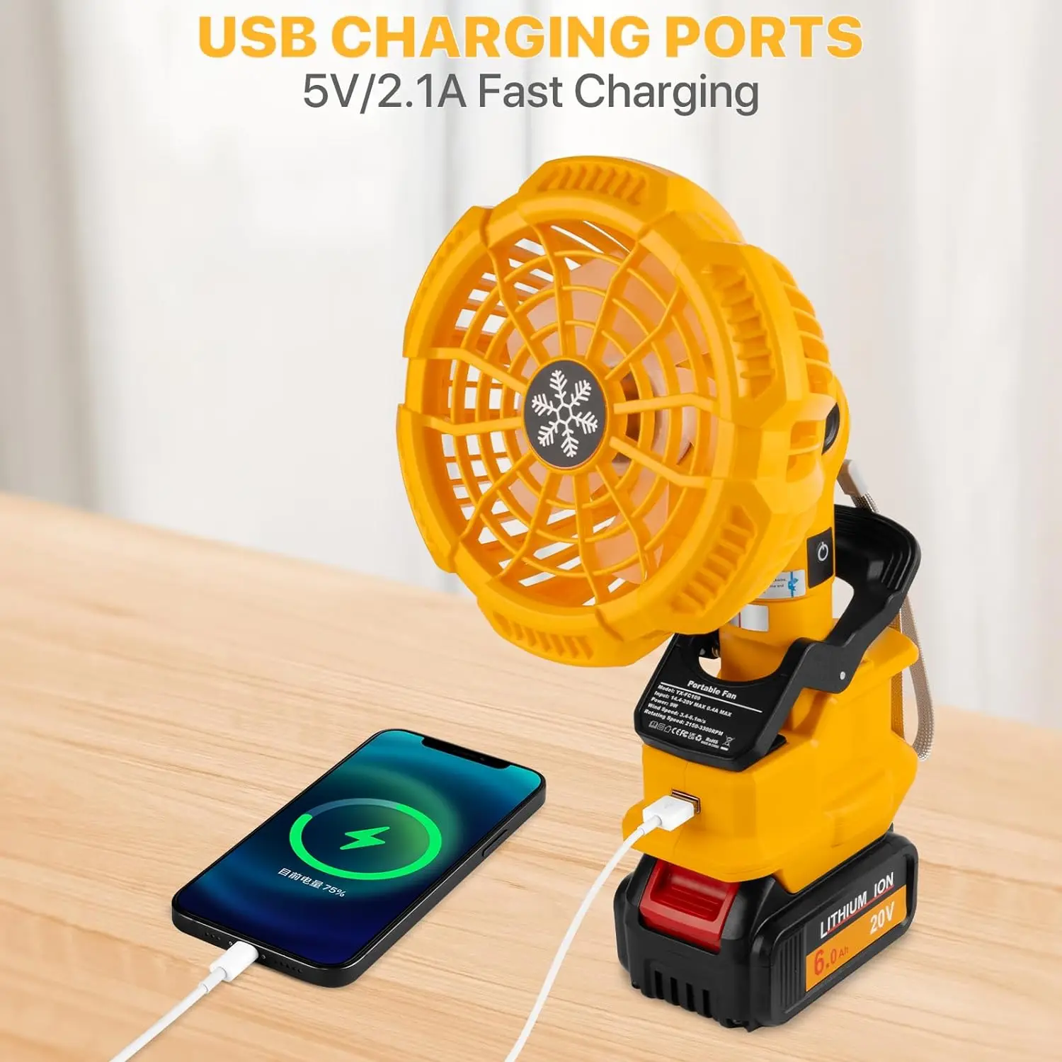 Imagem -05 - Ventilador sem Fio Portátil para Dewalt Bateria de Íon de Lítio Porta de Carregamento Usb Quarto Exterior Camping 20v 60v Velocidades