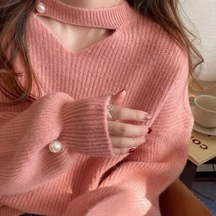 2024 Autumn Winter New Loose-Fit Thickened V-Neck Pink Knitted Top Outerwear Women's Sweater SensibilityNiche