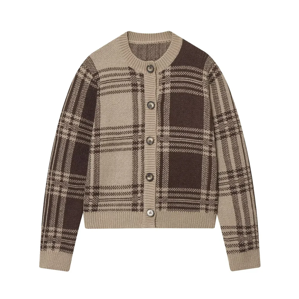 

New autumn and winter women's casual plaid round neck long sleeved single breasted sweater with ribbed edging knitted jacket