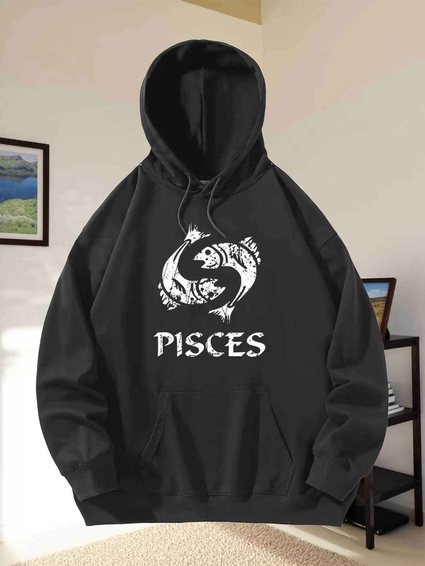 Pisces Zodiac Hoodie - Pisces Fish Pattern Art Street Style Sweatshirt, Men's Exclusive Pisces Design, Machine Washable Astrology Apparel, Regular Fit Zodiac Clothing