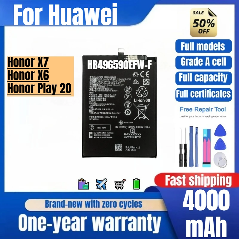 HB496590EFW-F for Huawei HonorX7/Honor X6/Honor Play 20 Phone Battery High Quality High Capacity Replacement Bateria with Tools