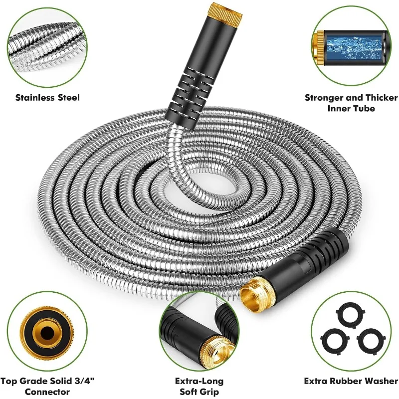 

Garden Hose 100ft, Stainless Steel Heavy Duty Water Hose with 10 Function Nozzle Flexible, Lightweight, No-Kink, Pet Proof