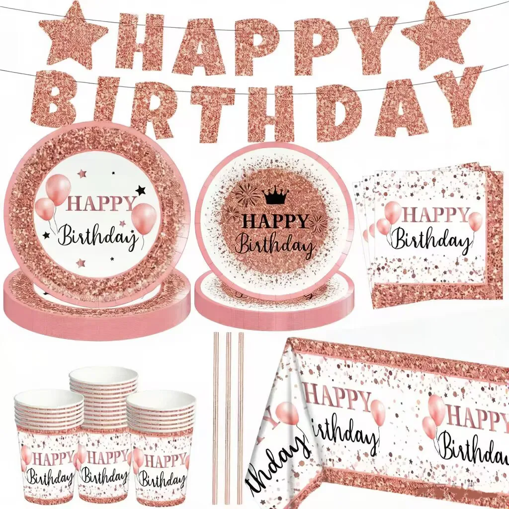 Nuevo Juego de Vajilla Desechable de Papel para Fiesta de Cumpleaños con Temática de Oro Rosa para Niña, Incluye Platos, Servilletas y Mantel