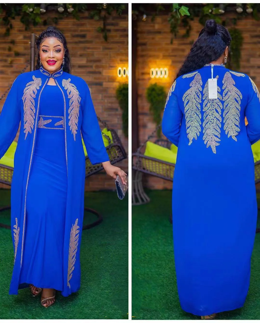 African Expensive luxury robe long sleeve front and rear luxury rhinestone Diamond elastic inner skirt two-piece set