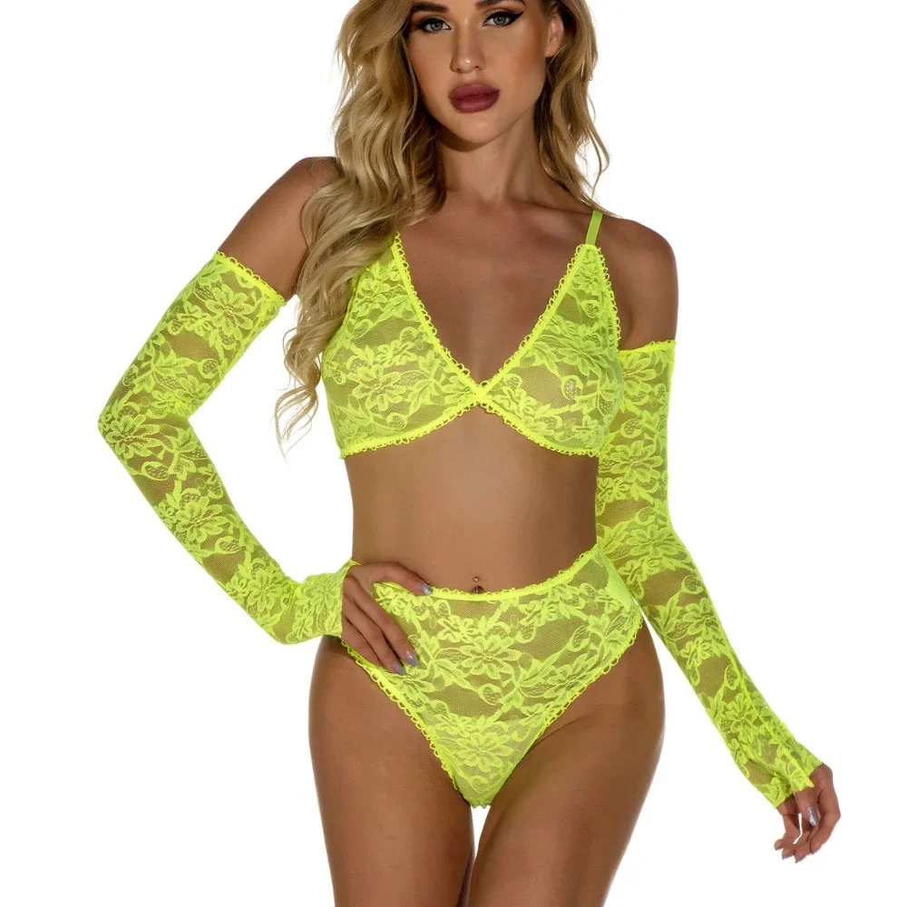 

2023 New Sexy Lingerie Lace Mesh Fishnet Transparent Bra for Women 3PCS Bra Thong Set Female with Gloves Erotic Underwear Set
