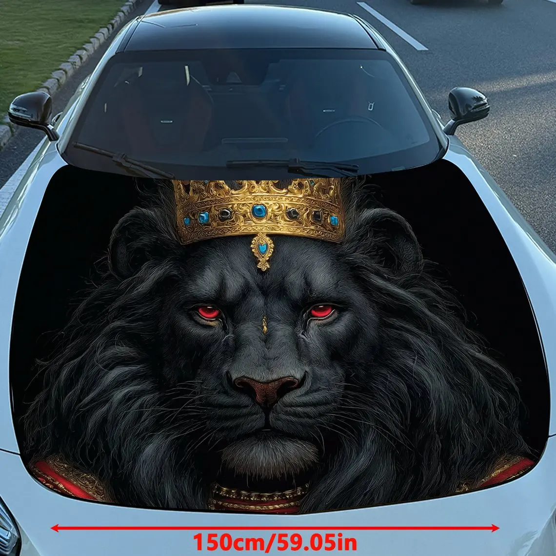 Black Lion King Print Car Hood Decal Sticker - Durable PVC Vinyl Wrap For Most Vehicles, Eye-Catching Cool Pattern Design, Engin