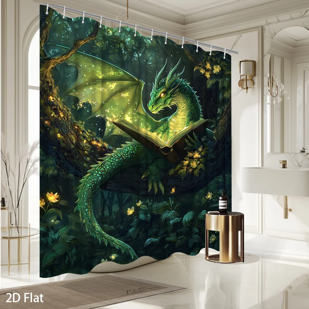 Enchanting Dragon Reading Book Forest Shower Curtain Waterproof Bathroom Decor Fantasy Art Print