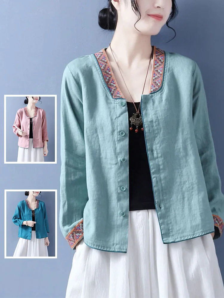 

Женский хлопково-льняной жилет большого размера с вышивкой, весенний V-Ne Long Sve, тонкая верхняя одежда, повседневный льняной открытый кардиган в стиле ретро