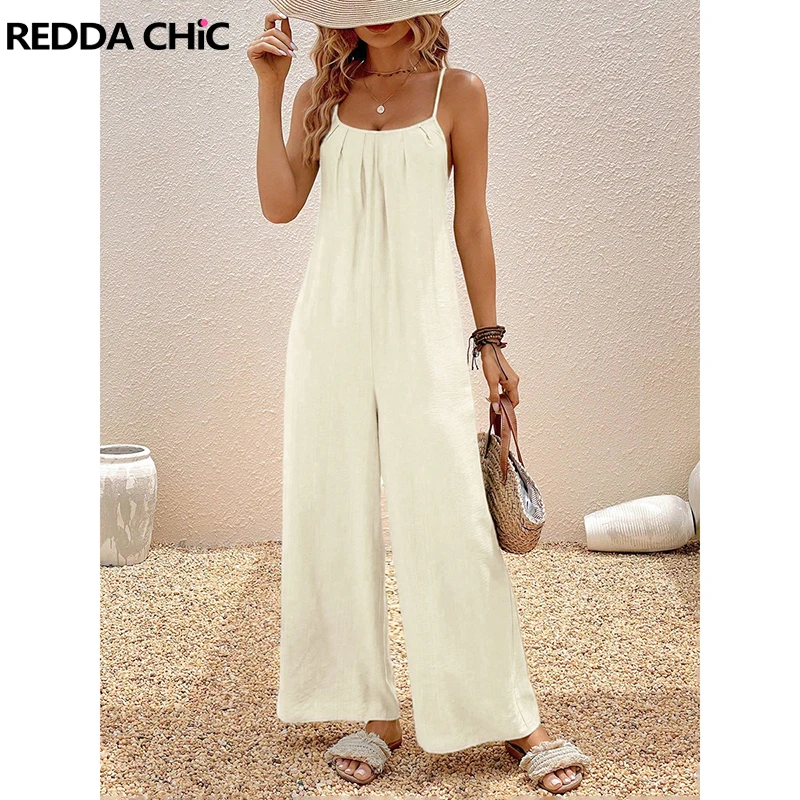 

REDDACHiC Summer Women Casual Loose Overalls with Pockets Spaghetti Straps Solid Wide Leg Jumpsuit Holiday Beach Summer Clothes