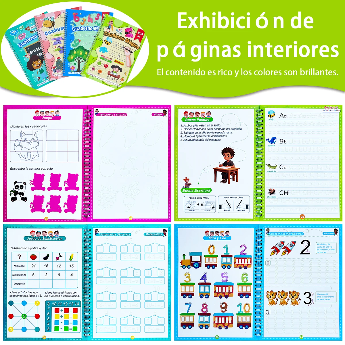 Four optional Spanish exercise books for children over 3 years old - Alphabet, Numbers, Math, Drawing and Magic Practice books