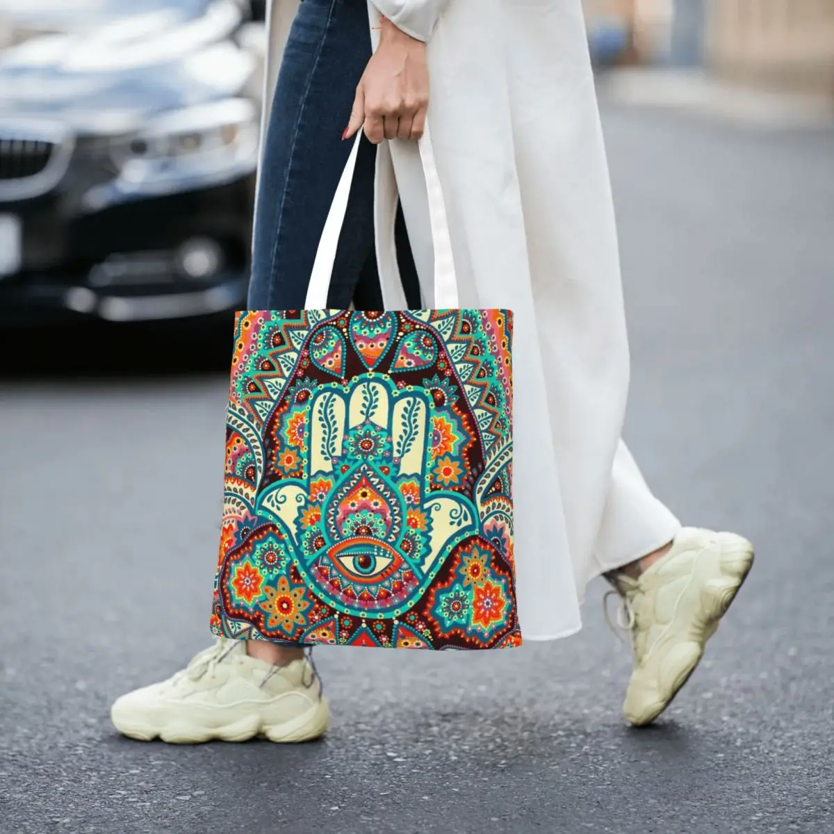 Bolso de mano con Mandala de flores para hombre y mujer, bolsa de comestibles bohemia de gran capacidad, para compras