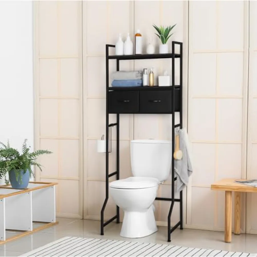 

Напольный шкаф-органайзер для ванной комнаты над унитазом, 3-ярусный, черный, с тканевыми выдвижными ящиками, экономия пространства, полка для хранения над унитазом
