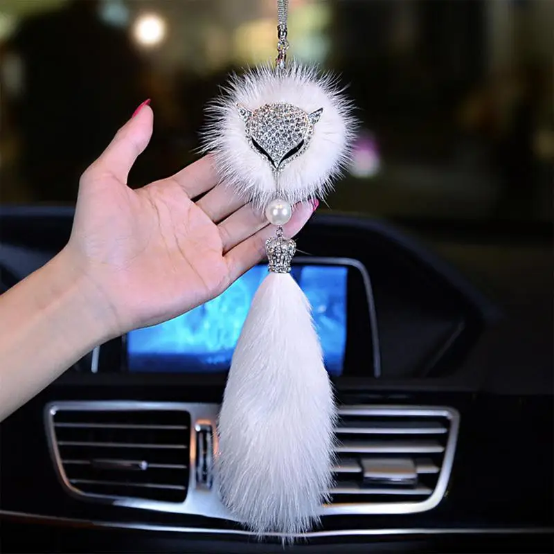 Plush Car Crystal Fox Cute Fur Tail Pendant Car Rearview Mirror with Diamond Hanging Pendant Bling Car Interior Fox Head Pendant