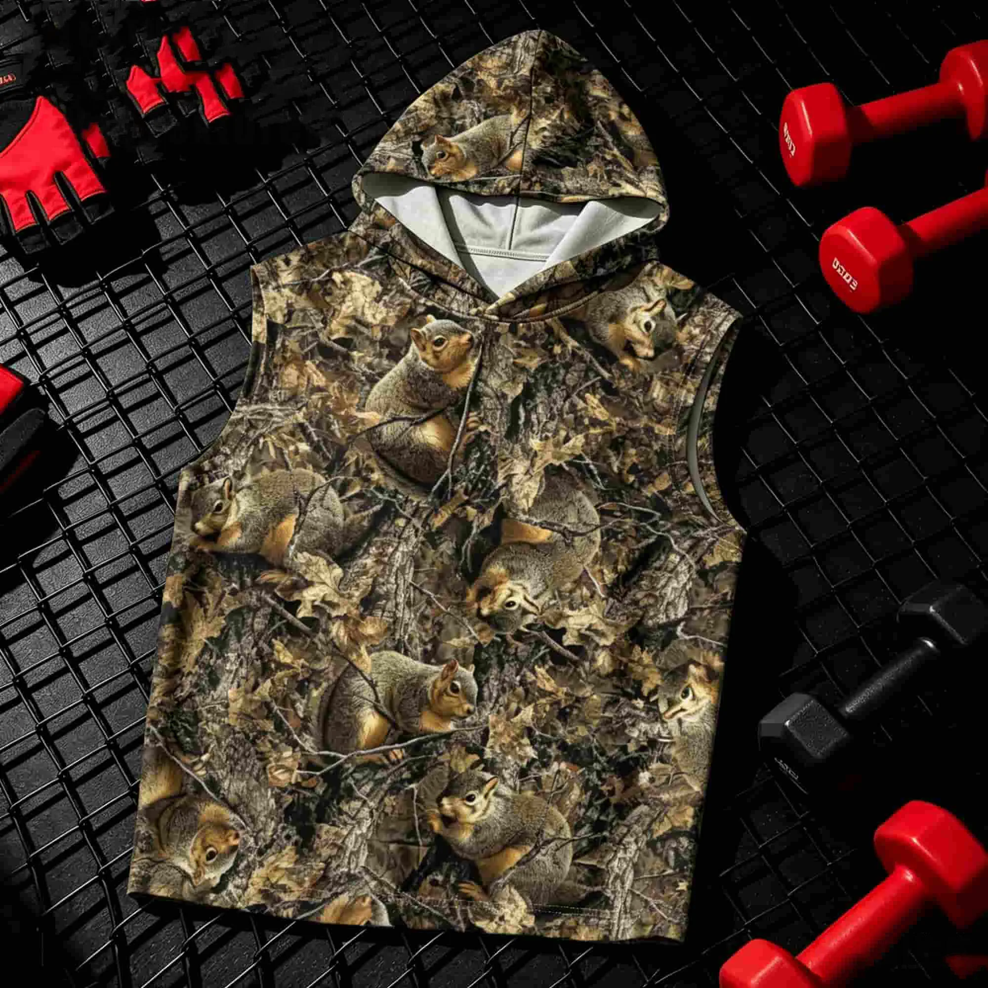 Outdoor Hunting Camouflage Squirrel All Over Print Sleeveless Hooded Vest Men Quick Dry Fishing Hiking Running Workout Hoodie Ta