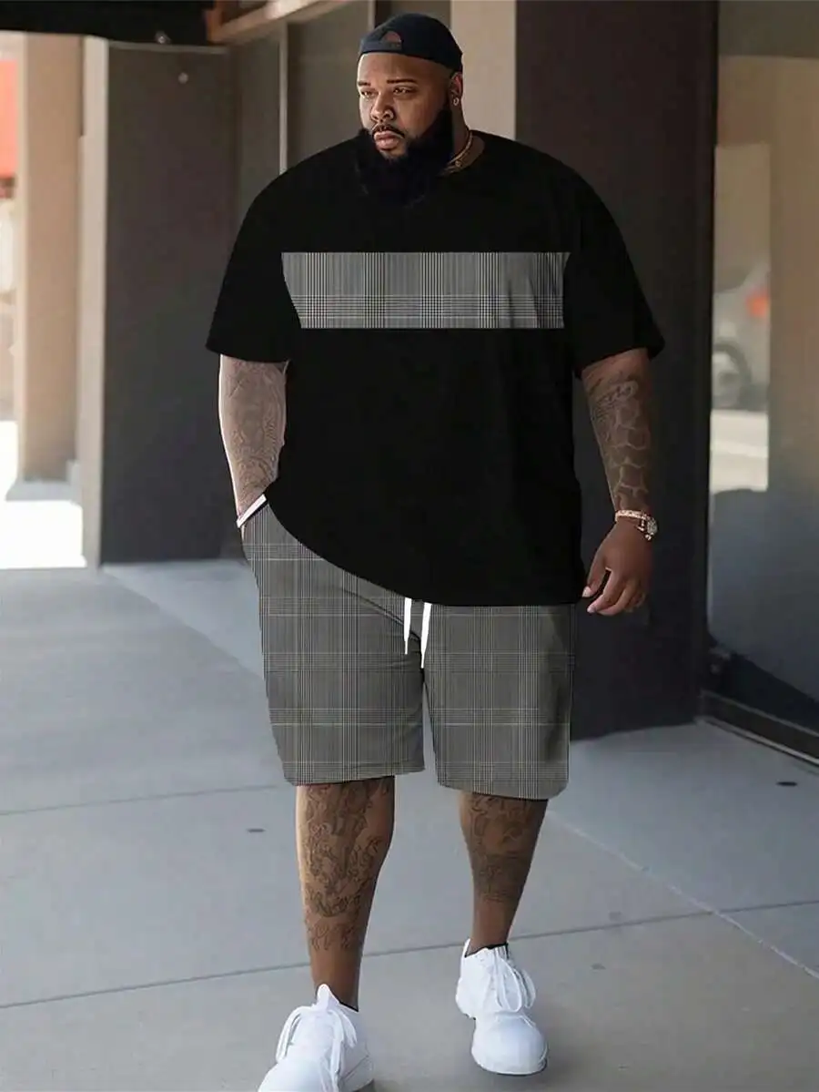 

Plus Size Mens Black Tee With Gray Plaid Panel And Matching Shorts Two Piece Casual Travel Outfit
