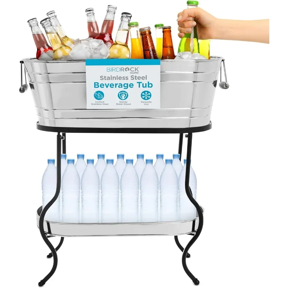 Party Ice Cooler Table with Stand, Bottom Tray, Ices Bucket, Wooden Handles, Party Drink Holder, Free Standing Ice Cooler Table