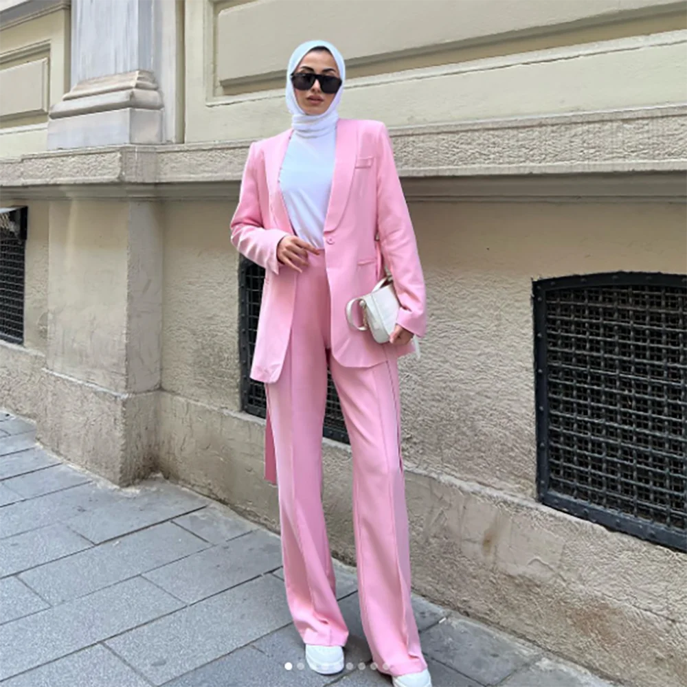 Conjunto de pantalón y Blazer para mujer, Conjunto elegante de dos piezas con cinturón y un botón, color rosa