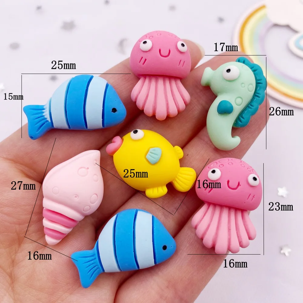 10pcs Colorful Resin Fish Conch Seahorse Jellyfish Ocean Animal Styles Flatback Scrapbook Craft DIY Bow Accessory Decor Figurine