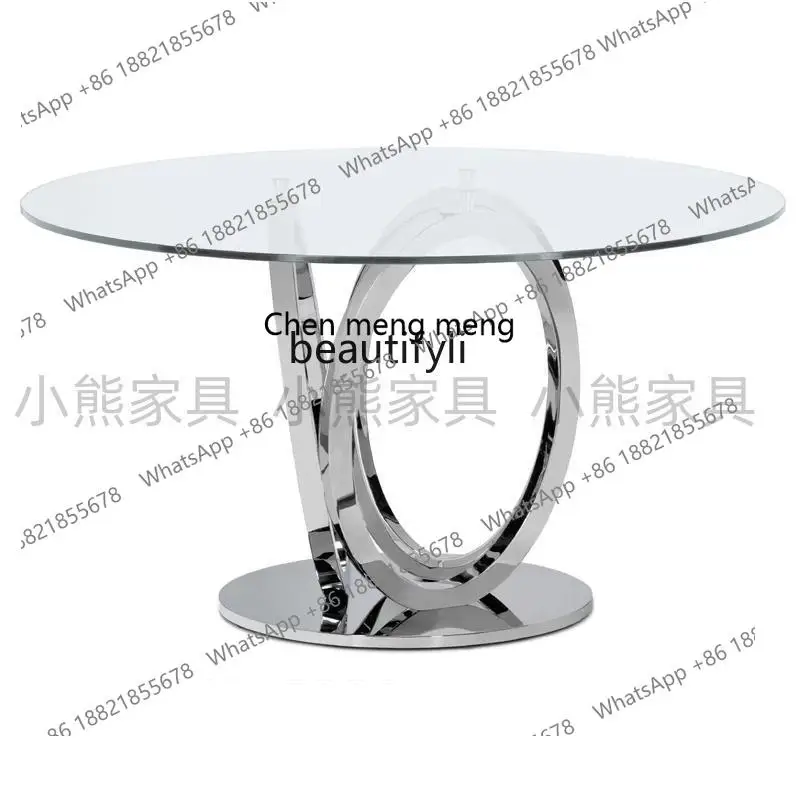 z183 Italian minimalist tempered glass round table stainless steel household round dining table and chair combination