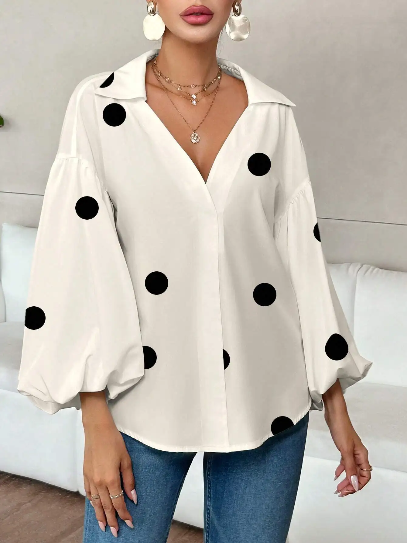 

Women's Polka Dot V-Neck Lantern Sleeve Blouse Casual Office Elegant Shirt