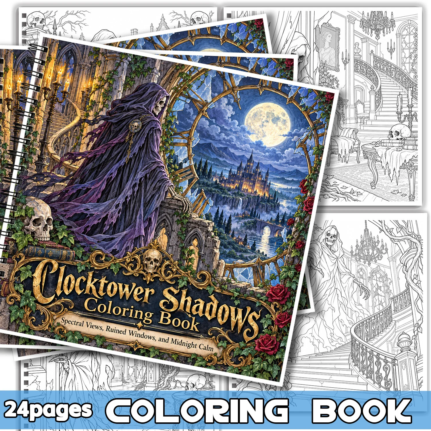 24 Pages Coloring Book Clocktower Shadows Gothic Art for Adults Teens Relieving Stress Showcasing Creativity Ruined Windows