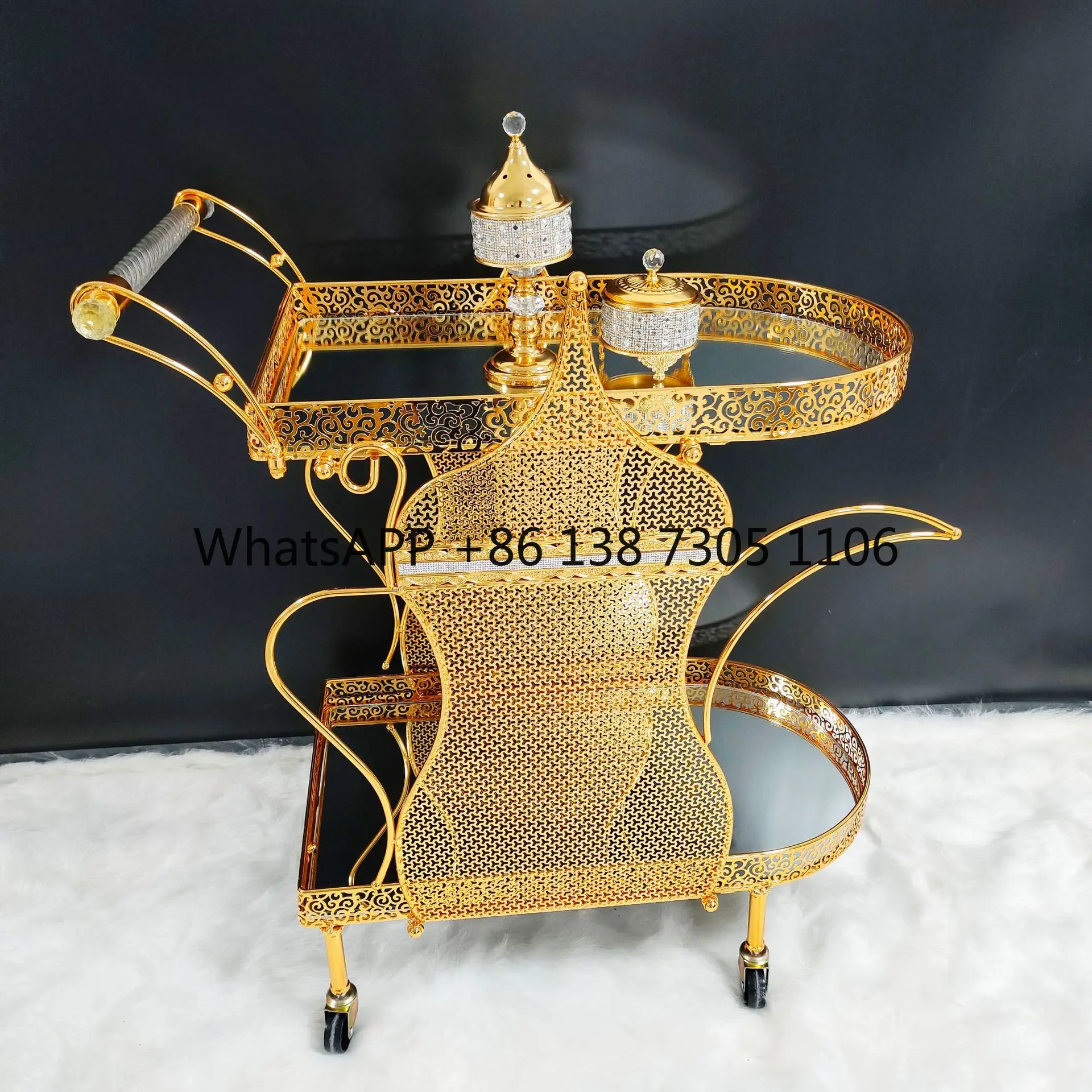 

High-end light luxury retro Middle East glass trolley dessert restaurant tea cart food delivery cart