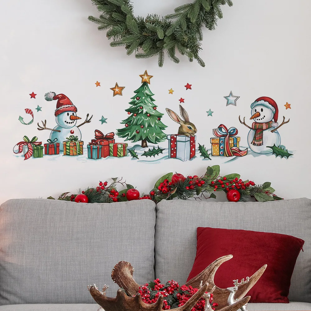 Christmas holiday Snowman Christmas tree gift box Bedroom Living room Study background landscaping wall stickers