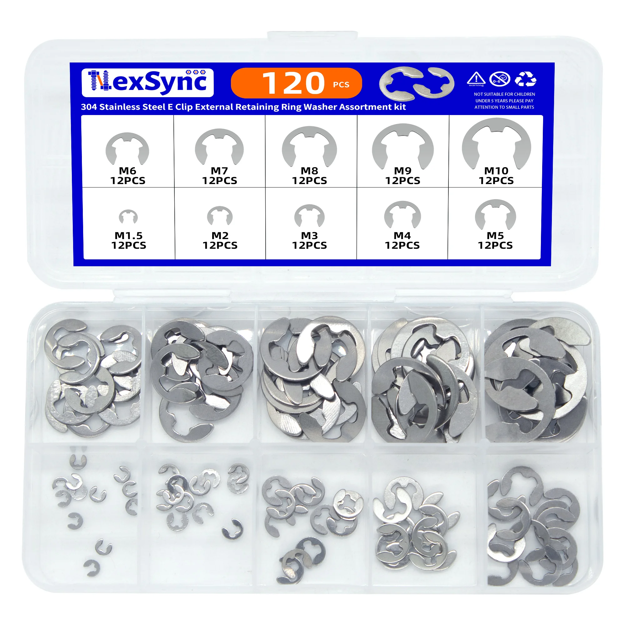 120pcs E Circlip Shaft External Retaining Ring Clip Washer 10 Size Stainless Steel Carbon Steel Circlip Washer for Shaft Fastene