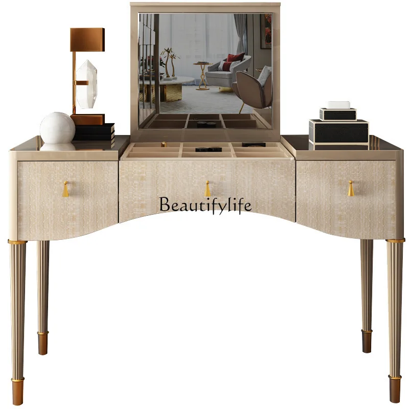 

-*American light luxury solid wood dresser flip cover multi-functional makeup table